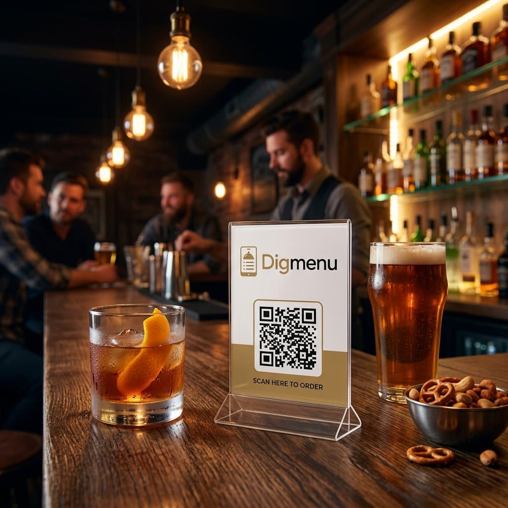 Digmenu QR stand on a bar counter