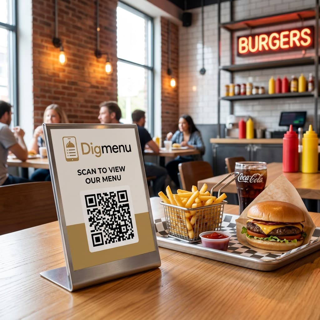 Digmenu QR stand on a casual restaurant table