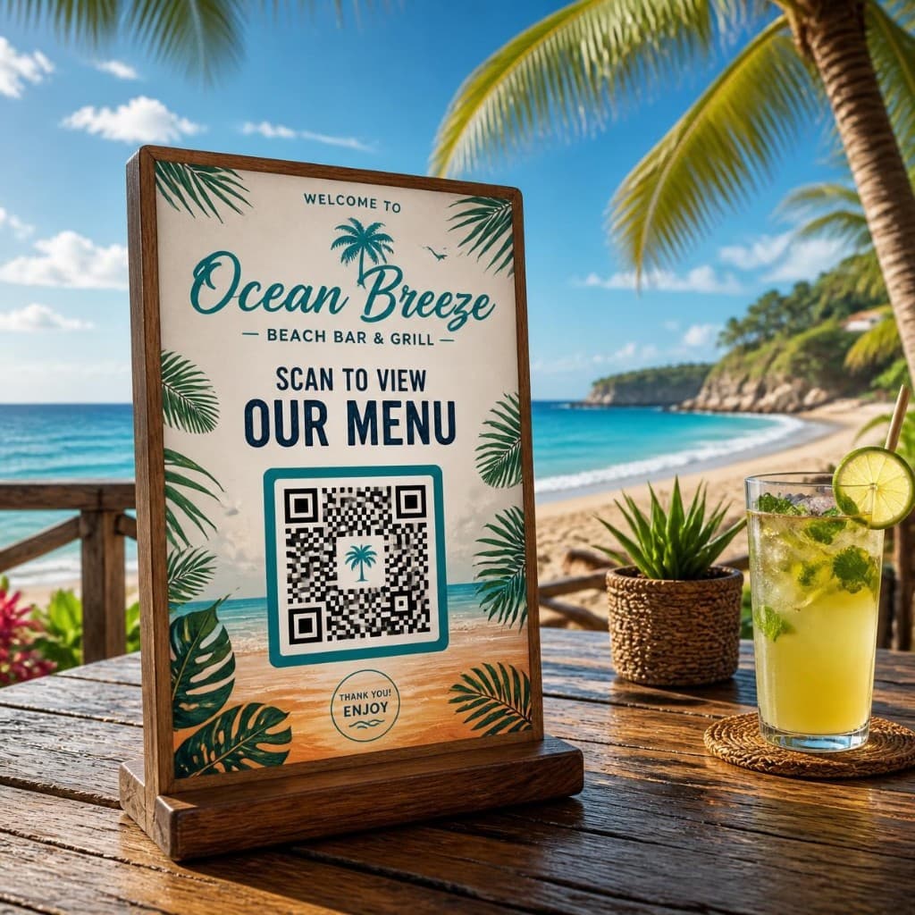 QR menu stand on an outdoor beach patio table