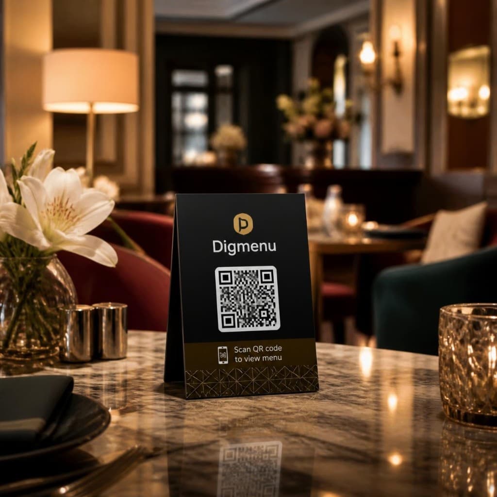 Digmenu QR table stand on a restaurant dining table