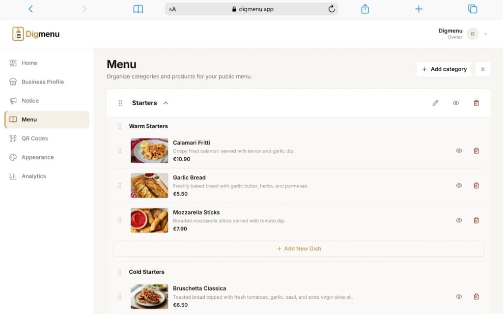 Digmenu dashboard for managing menu categories, products and prices on desktop