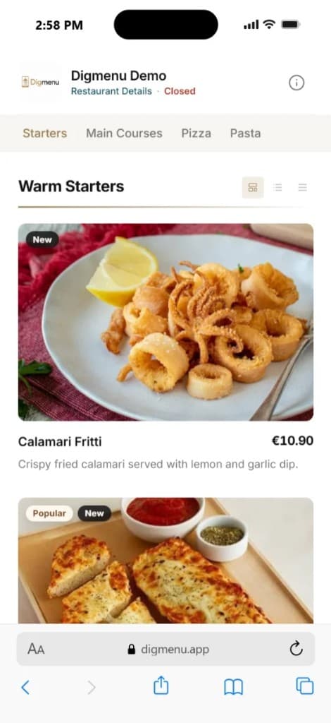 Digmenu digital restaurant menu on a smartphone showing dishes, prices and categories