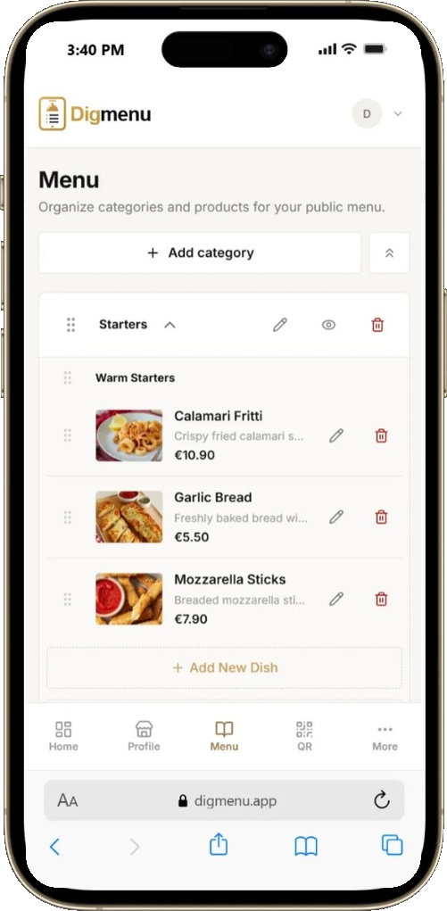 Digmenu dashboard for managing menu categories, products and prices
